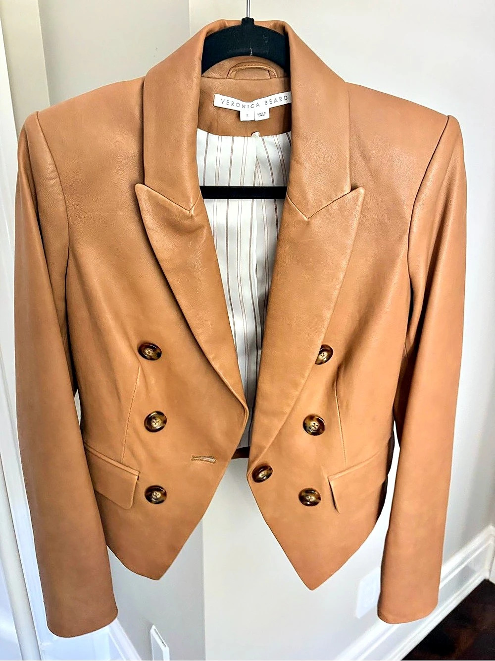 Veronica Beard Oneta Dickey Leather Blazer Leather Double-Breasted Jacket Brown